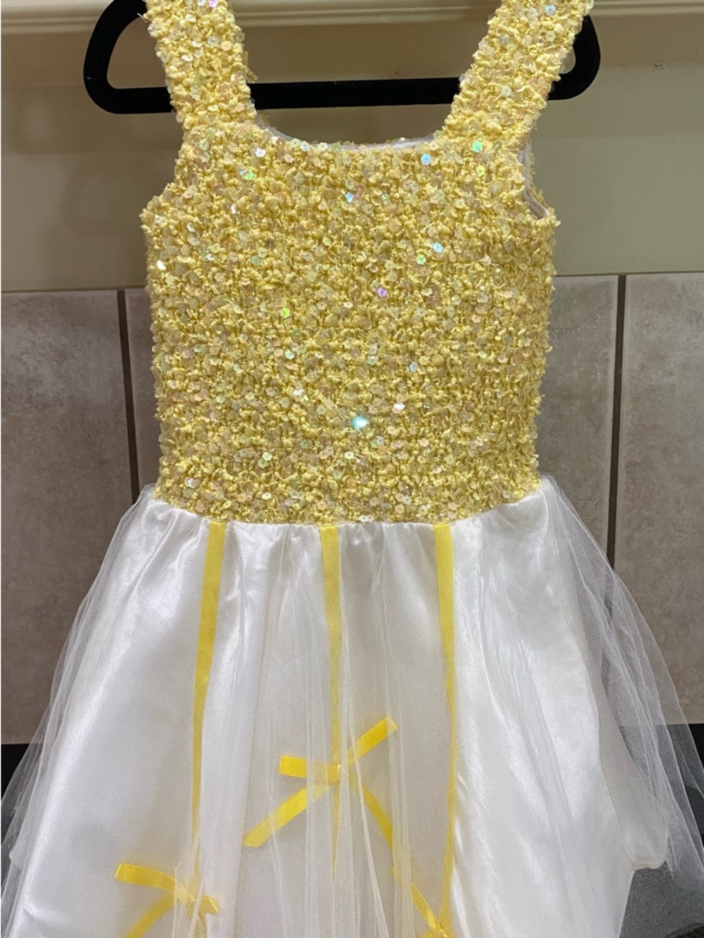 HOLLYWOOD BABE Girls Yellow Sequin Bodice & White Tulle Party Dress
